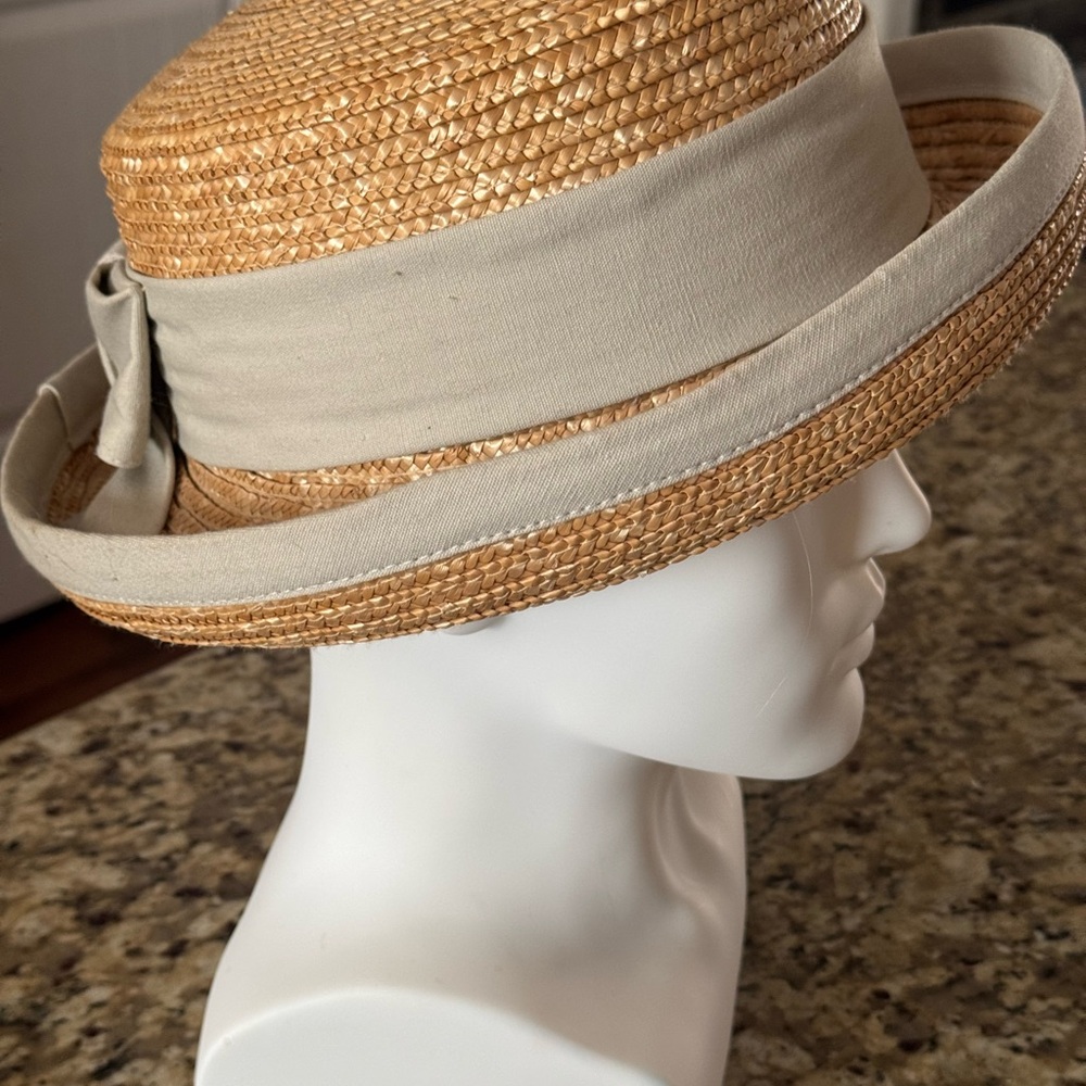 Straw Hat w/Flat Crown & Curled Brim Edged w/Taupe Band, One Size